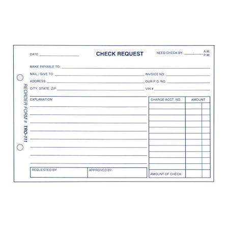 Asp Check Request Form, 8 1/2" X 5 1/2", 100 Per Pad Pk 555